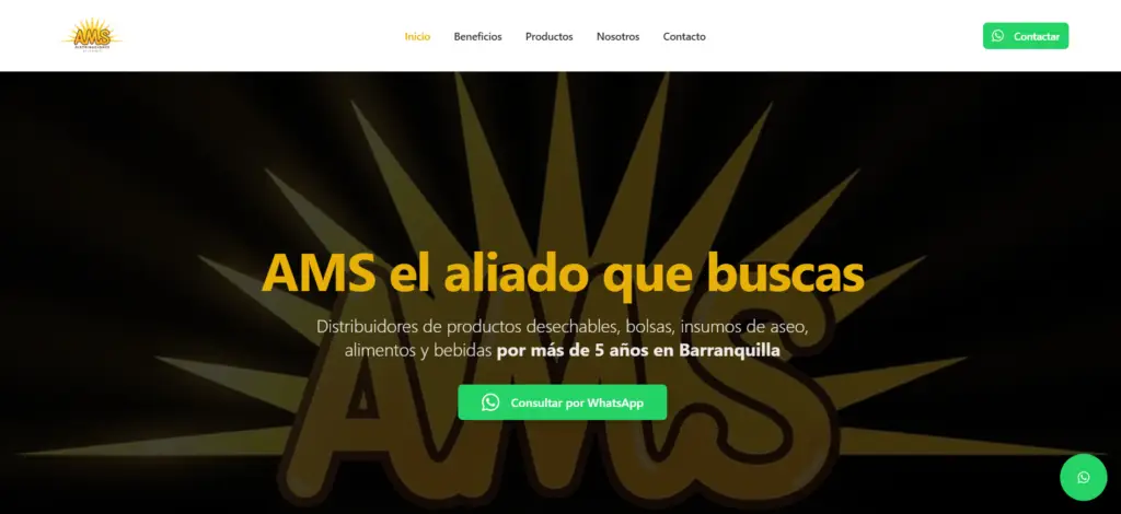 Screenshot de sitio web AMS distribuciones barranquilla venta de empaques y plasticos